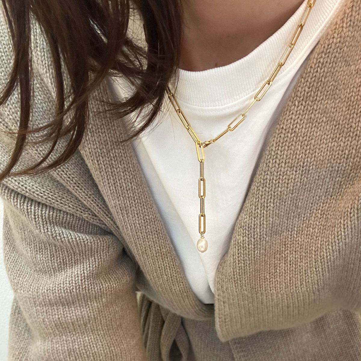 Florence - 18k vergoldete Glieder-Halskette mit Süßwasserperlen-Anhänger