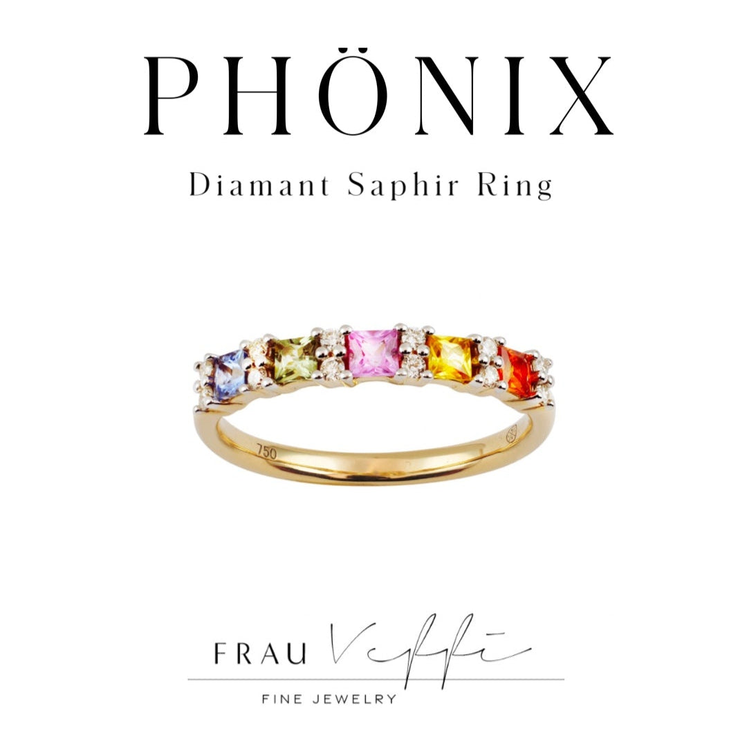Phönix - Diamant Ring mit bunten Saphiren